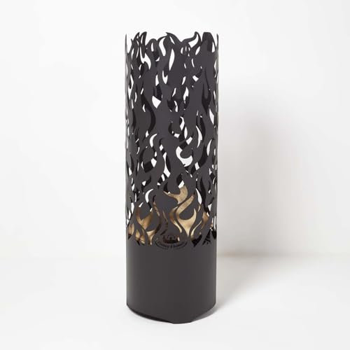 HOMESCAPES Tall Black Steel Fire Drum with Laser Cut Flames, For Outside Garden Use, 120cm Tall