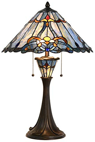 Bieye L10684 Baroque Tiffany Style Stained Glass Table Lamp with 16 inch Wide Blue Shade Double Lit for Bedside Living Room Bedroom, 24.5 inch Tall