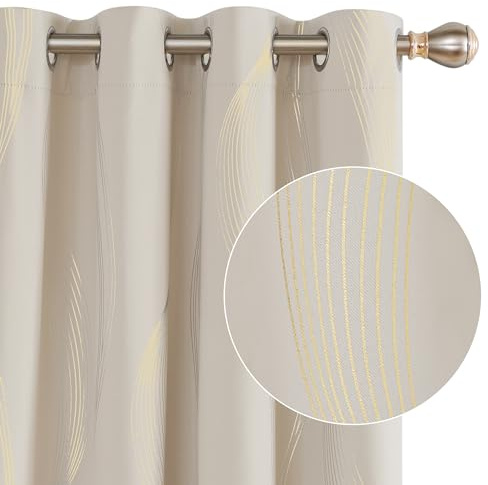 Deconovo Blackout Eyelet Curtains Thermal Insulated Gold Wave Line Foil Printed Curtains for Bedroom 46x54 Inch Beige 2 Panels