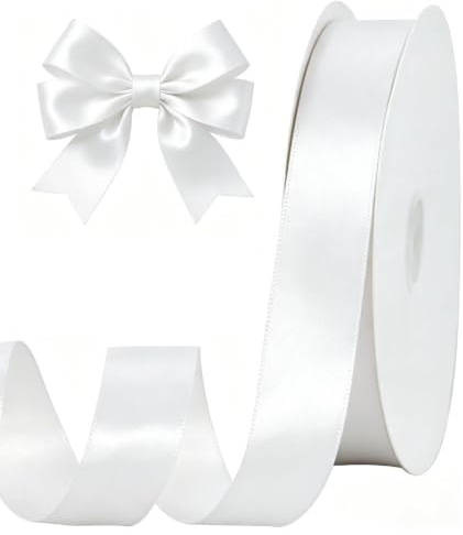 TONIFUL Satin Geschenkband 25mm x 91m, Weiß Geschenkverpackungsband für Geschenkverpackung Weihnachten Geburtstag Valentinstag Hochzeit DIY Dekoration
