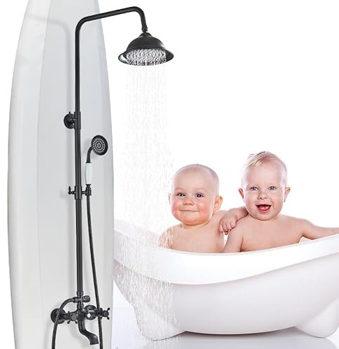 MOSSON Shower System Matte Black Outdoor Shower Fixtures | With 8 Inch Shower Head Handheld Spray and Tub Spout 2 Cross Handles Wall Mounted Shower Faucet Set for Bathroom or Backyard