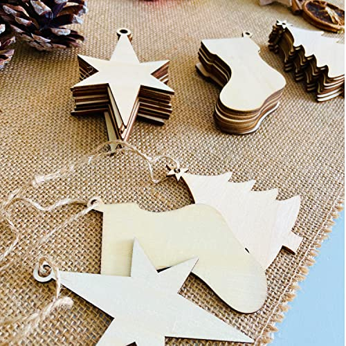 Oblique Unique® Holzanhänger Set 60 STK. mit Schnur Tannenbaum Stern Stiefel Holz Deko Weihnachten Weihnachtsbaum Anhänger Christbaumschmuck Weihnachtsdeko