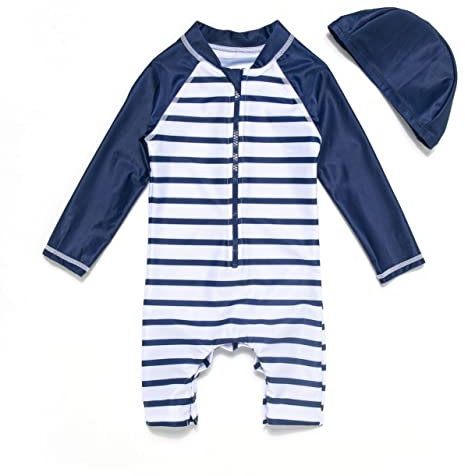 BONVERANO Maillot de bain nouveau-né à manches courtes, protection UV 50+ avec bonnet, Bleu / Blanc, 12-18 Mois