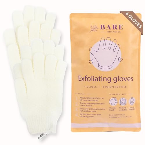 Bare Botanics 4 Pack White Exfoliating Gloves for Shower | 100% Nylon Fibers | Exfoliating Bath Gloves for Shower Exfoliating | Shower Gloves & Dead Skin Remover for Body | Wet & Dry Exfoliating Glove