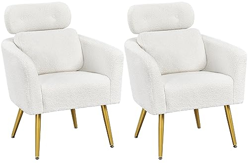 Yaheetech Loungesessel 2er Set aus Bouclé-Gewebe Sessel Polstersessel mit höhenverstellbarer Kopfstütze Fernsehsessel mit Metallbeinen für Wohnzimmer/Büro Weiß