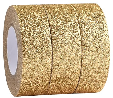GORGECRAFT 3 rullar 15 mm x 15 mm glittertejp, folietejp, guldfärgad, washi-papperspenna för gör-det-själv, scrapbook, dekorativa tejp, knåp och presenter