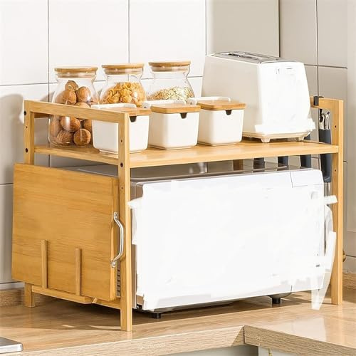 Bamboo Microwave Rack, 2-Layer Adjustable Kitchen Storage Shelf with 4 Hooks and Chopping Board Stand (Raw Wood)