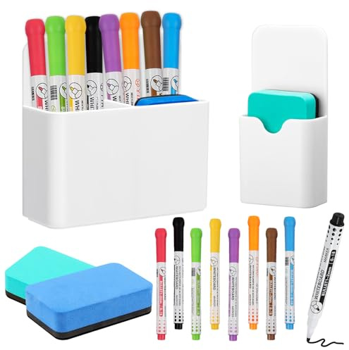 Shinybox 12 Pezzi Accessori per Lavagna, 2 Pezzi Portapenne Magnetico con 2 Spugna, 8 Pennarelli per Lavagna Bianca, Porta Pennarello per Lavagna Magnetica Frigorifero Ufficio Scuola