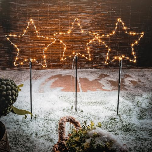 Esotec Solar Weihnachtsdeko Gartendeko Sternenzauber 3er Set außen 102571 | 3 Sterne je 40 LEDs, 2800K warmweiß, bis 10Std., Dauer-/Blinklicht, Höhe 55cm, LiFePO4 Akku, Weihnachtsdeko Gartendeko