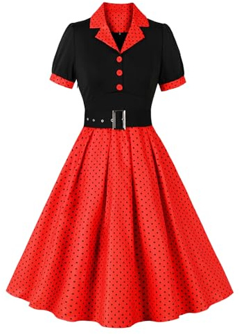 Wellwits Damen Übergröße Polka Punkte Cocktail 1950er Jahre Vintage Blazer Kleid Rot 3XL