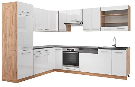 Vicco Eckküche Fame-Line, Weiß Hochglanz/Goldkraft Eiche, 227 x 60 cm, AP Anthrazit, zur individuellen Erweiterung mit kompatiblen Modulen