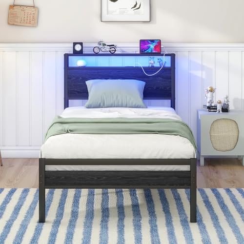 HOJINLINERO Single Bed Frame with Storage Headboard and LED Lights,Black | Metal Platform Bed Frame with Charging Station,Mattress Base,Studry Metal Frame,Under Bed Storage,Easy Assembly for Adults