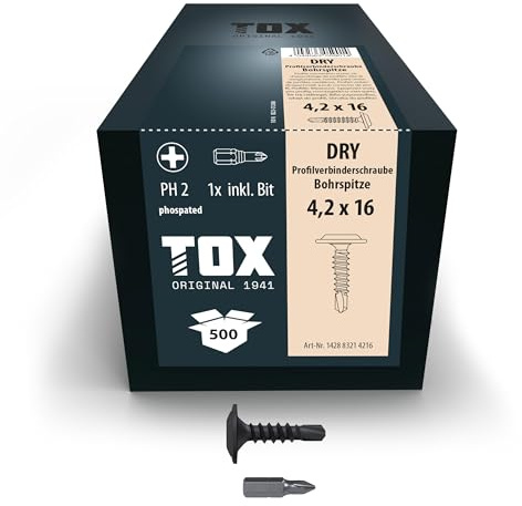 TOX Profilverbinderschrauben DRY PV BS 4,2 x 16 mm, Schrauben schwarz phosphatiert, Tellerkopf, Bohrspitze + Feingewinde, zur Verbindung von CW-Profilen, PH2, 500 Stück, inkl. 1x Bit, 142883214216