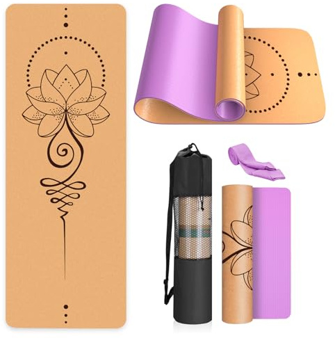 Haninj® Yogamatte-Kork, Rutschfest, Einzigartiges Design, Extradick Natürlicher Kork, TPE Fitness-Trainingsmatte mit Tragetasche und Gurt, für Zuhause, Pilates, Aerobic Fitnessstudio und Workout