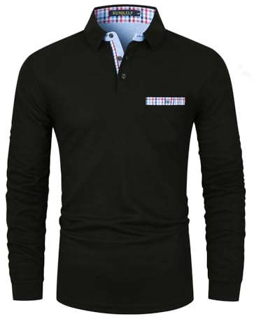 KUNJLELP Premium långärmad pikétröja för män vardaglig bomull t-shirt med äkta ficka, Svart 37, XL