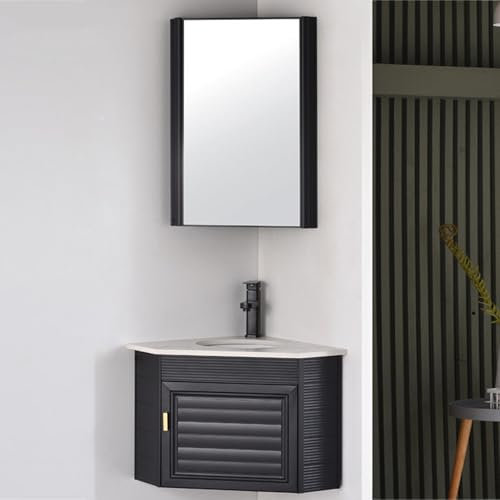 DYUNCZ Eckwaschtisch mit Unterschrank, Waschtischunterschrank Hängend, Eck Badezimmerschrank mit Waschbecken nd Spiegelschrank, Waschbecken mit Wasserhahn und Abfluss(Negro,47cm/18in)