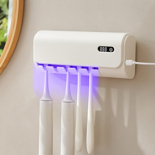 UV-tandborste Sanitizer, tandborsthållare för väggmontering med 5 elektriska borstslitsar, sterilisering och torkfunktioner vattentät, dammtät för barn och vuxna (vit)