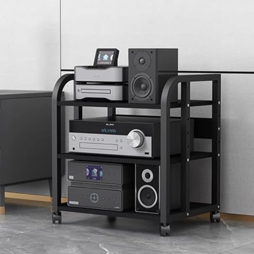 UrbanUp HiFi Shelf Supporto per componenti AV regolabile in altezza nero, console multimediale con ampia capacità di archiviazione e ruote, mobile rack audio per giradischi(3 tier)