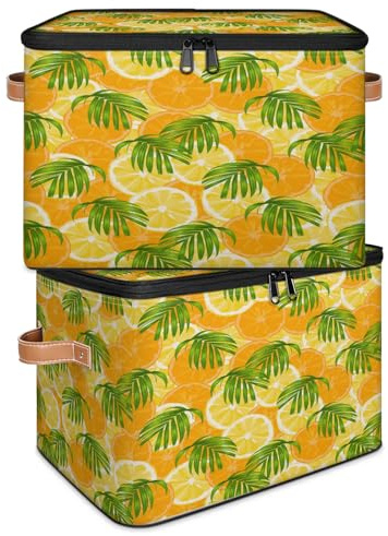 TropicalLife Caja de almacenamiento de hojas de palma de limón, plegable, cesta de almacenamiento grande con tapa de cremallera, organizador para dormitorio, hogar, guardería, juguetes, ropa, juego 1