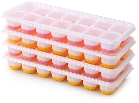 Lot de 4 bacs à glaçons en silicone avec couvercle sans BPA - Empilables - Sûr et sain - Pour bouillie de bébé, cocktail, whisky, café (2 roses + 2 jaunes)