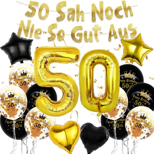 17 Stück Deko 50. Geburtstag Luftballons Schwarz Gold | 50 Geburtstag Frauen Männer, 50 SAH Noch Nie So Gut Aus, Folienballon Zahl 50, Partyzubehör zum 50.GeburtStag