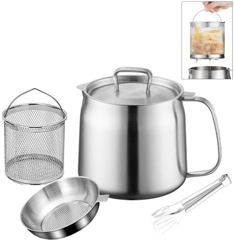Friggitrice con cestello e filtraggio dell'olio, in acciaio inossidabile 304, 2 l, risparmio di grasso per pancetta con colino, pentola per friggitrice con cestello, contenitore per grasso per