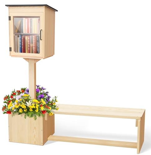 Wonderjune Little Library Box Outdoor with Bench Set, Durable Weatherproof Solid Wood Exchange Box with Floor Plugs and Flower Fence for Neighborhoods, Community, School(Wood)