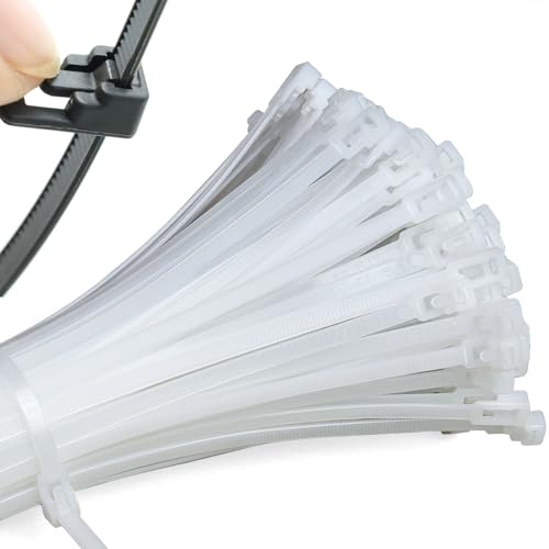 Mgctolbox 100 pcs Collier de Serrage Plastique 300 x 4,8 mm, Serre Cable Blanc Réutilisables Résistants aux UV Pour Cable Management, Bricolage, Jardinage, Atelier, Maison