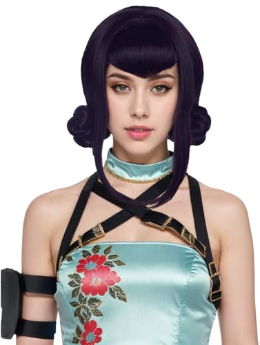 Yuehong Parrucca traspirante morbida resistente al calore delle donne viola scuro doppio nastro anime Cosplay costume parrucca parrucca traspirante