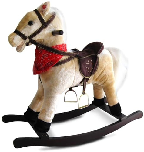 Bakaji Caballo balancín para niños con sonidos realistas, nitre y mueve la boca, estructura de madera y tela de peluche de calidad, juegos infantiles (tórtola)