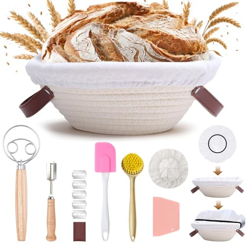 Mispudin Banneton Proofing Basket Set - 9-Inch Cotton Rope Bread Proofing Basket Round with Handle - Sourdough Starter Kit with Proving Cover, Dough Whisk, Bread Lame, Spatulas and More for Bakers