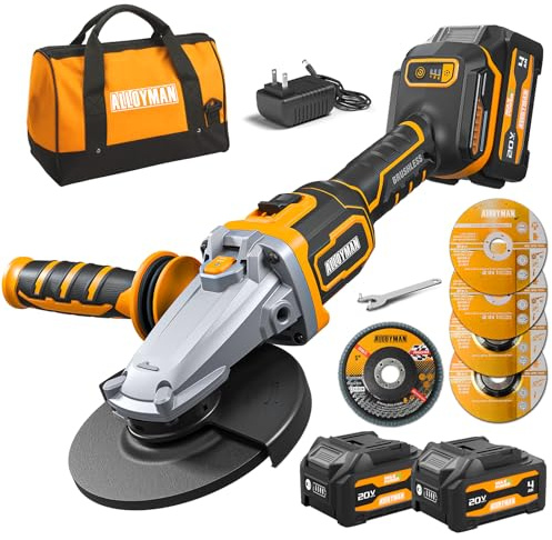 ALLOYMAN 20V Brushless Cordless Flat Head Grinder Kit,4-1/2 to 5,Anti-Vibration & Multiple Safety System, 2×4.0Ah Batteries & Charger, Tool-Free Guard, for Tight Spaces Cutting, Grinding & Polishing