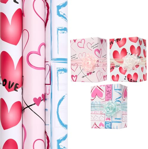 3 Rollen Valentinstag Geschenkband, 43 cm * 3 m recycelbarer Liebes-Herz-Geschenkumschlag für Hochzeit, Jubiläum, Geburtstag oder Valentinstag