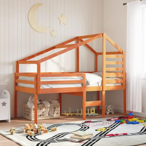 JHQHSM Letto a soppalco con tetto marrone cerato 90 x 200 cm legno massello di pino, spazio e rete a doghe in compensato per un uso ottimale di piccoli spazi, design sicuro con scala integrata