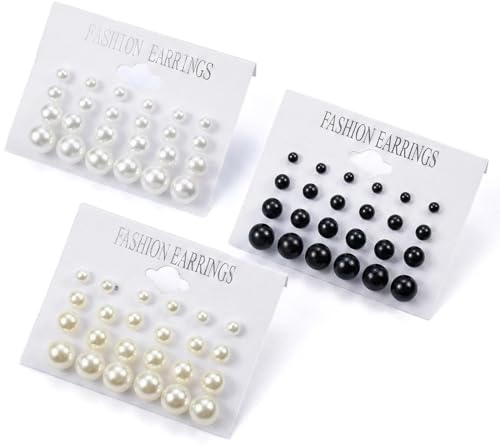 NiceNaiils Lot de 36 Paires de Boucles d'Oreilles Perles pour Femme, Set de Puces d'Oreilles Élégantes en 3 Couleurs, Clous d'Oreilles Classiques pour Travail, Mariage & Quotidien, Blanc, Beige, Noir