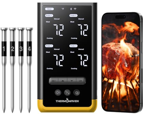 ThermoMaven Smart Bluetooth Wireless Meat Thermometer with Standalone Base, 6 Sensors with NIST Certified Accuracy, Long Range WIFI Stability, 4 Probes for Grill, Smoker, Oven, BBQ, Golden Yellow