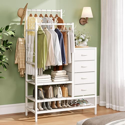 FEONASE Cassettiera 3 in 1 Per Camera Da Letto, Con 4 Cassetti in Tessuto, Con 2 Appendiabiti e 5 Ganci, il Design inferiore a Tre Strati Può Contenere Scarpe, Borse, Vestiti e Altri Oggetti, Bianco