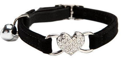 CHUKCHI verstellbares Katzen-Halsband mit Glocke und Herzanhänger mit Kristallsteinen, weicher Samtstoff, sicheres Halsband, 20,3-28 cm