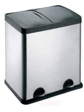 EVRE 60 Litre Stainless Steel Recycling Pedal Bin 2 x 30 L Compartments with Removable Inner Buckets and Handles for Waste Separation Recycling Trash Can (Silver)