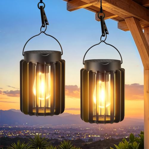 RECHOO Solarlampen für Außen Hängend, 2 Stück, mit Hochheller LED-Glühbirne | Hängende Solarlaterne für Außen, IP65 Wasserdicht, für Garten, Balkon, Terrasse, bis 12 Std., mit Clip zur einfachen Montage