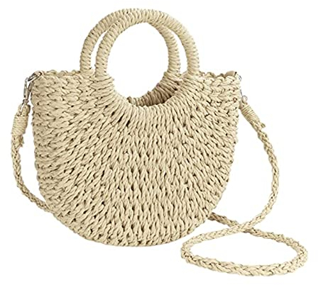 JOLLQUE Stroh Strandtasche für Frauen, Sommer handgewebte Mini Umhängetasche Geldbörse mit Quaste, Top Griff Stroh Handtasche Clutch (Beige)