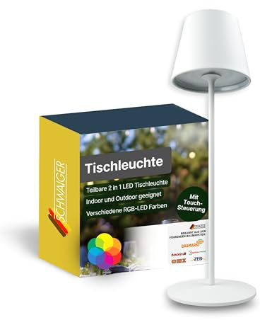 SCHWAIGER Tischleuchte I LED Tischlampe mit Touch-Steuerung I Akku-Lampe mit RGB und warmweiß I IP44 geschützt und aufladbar per USB-C I kabellose Lampe für Indoor & Outdoor