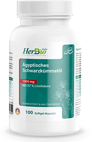 HerbBio Ägyptisches Schwarzkümmelöl-Kapseln 1000mg 100 Softgel-Kapseln - 57% Linolsäure - Ägyptisch, naturbelassen und kaltgepresst - Halal-zertifiziert, 100% Rindergelatine, Made in Germany