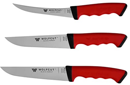 Wolfcut SoftGrip RED-Serie Fleischermesser-3´er-Set, Metzgermesser, Schlachtermesser aus Edelstahl - Profi-Qualität, Stechmesser, Fleischermesser und Ausbeinmesser gebogene flex Klinge