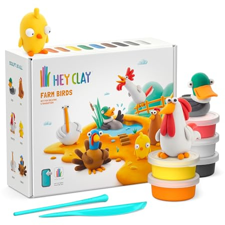 HEY CLAY - 15 Dosen lufttrocknende Knete für Kinder ab 3 Jahren - Kreatives Bastelset - Modelliermasse lufttrocknend Knete ab 3 Jahre (Farmvögel)