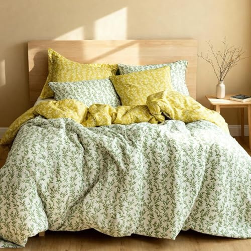 LERUUM Single Duvet Cover Set Green Yellow Reversible Floral Bedding Cotton Bedding Botanical Leaf Pattern Premium 200TC Percale Hotel Quality Pure Cotton OEKO TEX