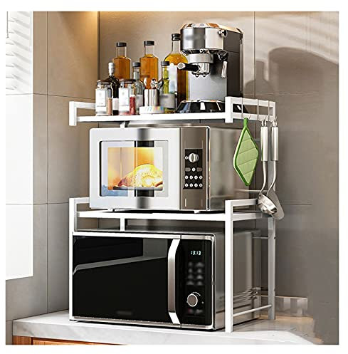Microwave oven rack Extendable Microwave Oven Rack with 3 Tiers Storage Shelving Unit Expandable Length 17.32 to 25.59 In with 3 Hooks Kitchen storage rack