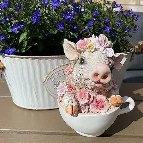 OF Süsse Gartenfiguren für außen - Hase, Schwein, Schaf, Lamm mit Blumenwiese - Garten Deko Tiere Figuren - 15 cm groß (Schwein)