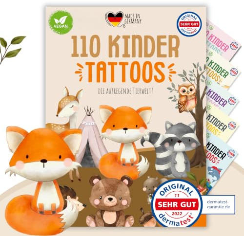 MeinBaby123 110 hautfreundliche Kinder Tattoos mit süßen Tieren, Tattoo´s, Kindertattoos zum Aufkleben, Geschenk, vegan & made in Germany (1xSüße Tiere)