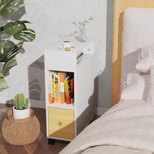 Chleby Nachttisch Schmal Nachttische mit Rollen Beistelltisch mit 1 Schublade Schmaler Nachtschrank Hoher Nachttisch mit Ablagefächern 25x50x70cm